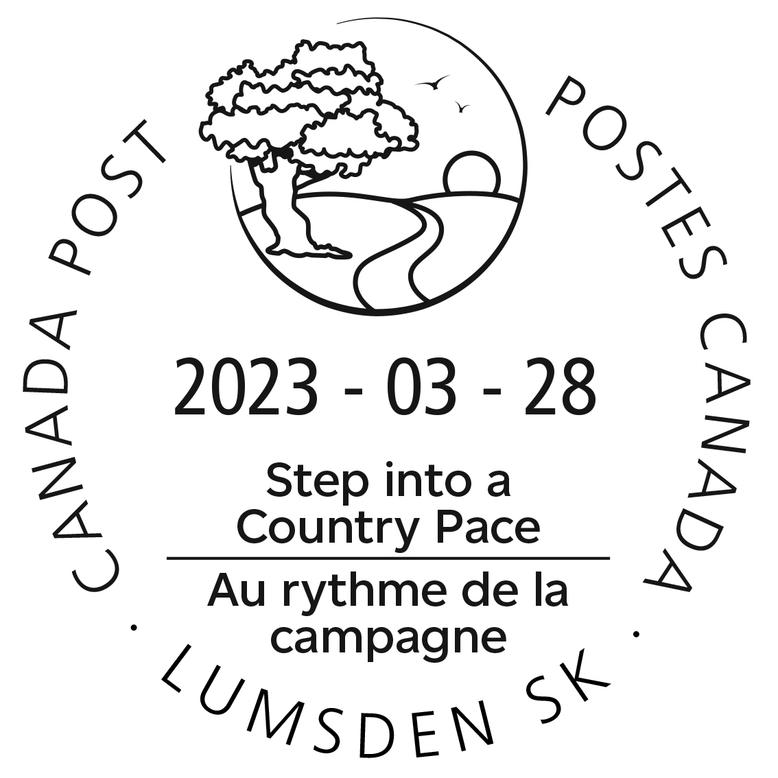 Path winding past a tree towards sunset, local motto Step into a Country Pace, dated March 28, 2023.
